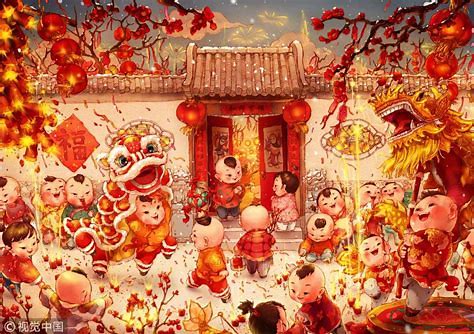 春节期间的舞狮表演场景